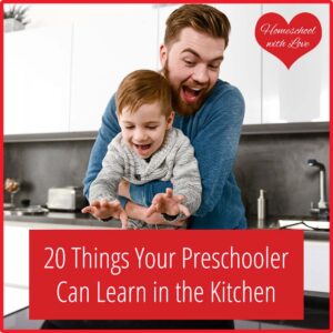 Dad and boy cooking. 20 Things Your Preschooler Can Learn in the Kitchen.
