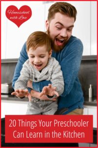 Dad and boy cooking. 20 Things Your Preschooler Can Learn in the Kitchen.